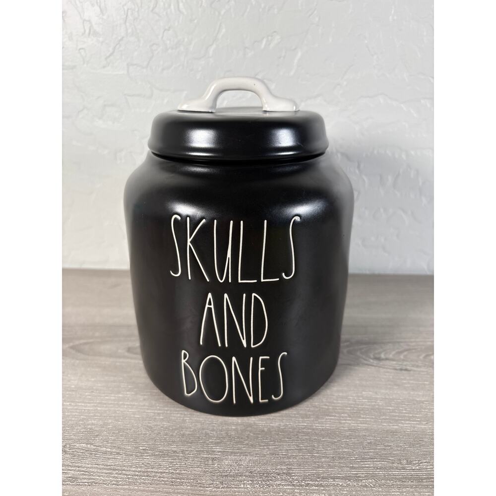 NWOT Rae Dunn LL Artisan Collection Halloween Black‎ “Skulls And Bones” Canister